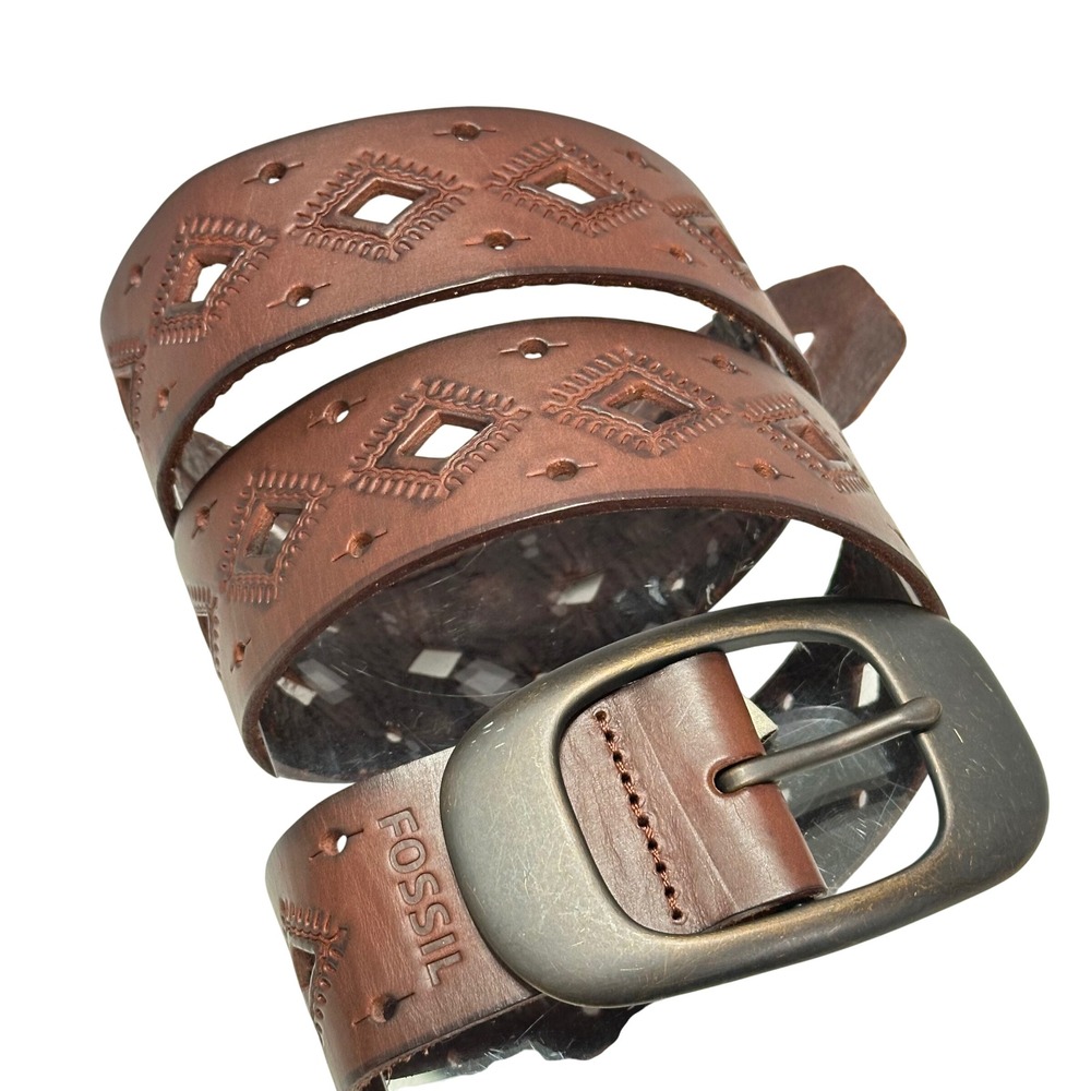 Fossil Brown Leather Belt Geometric Diamond Cutout Western Boho Brass Buckle‎ S